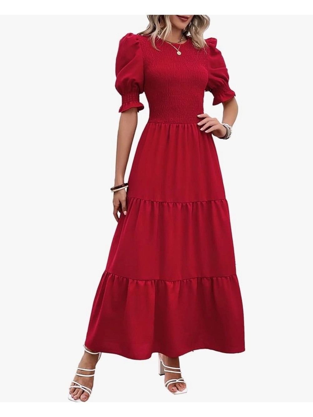 BTFBM Red Tiered Maxi Dress Women XL Red Pockets Puff Sleeve Smocked